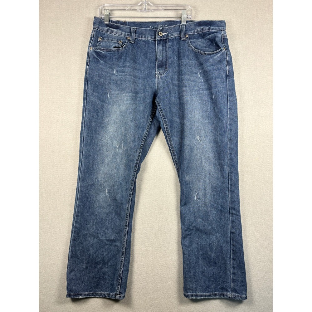 Flypaper Straight Leg Jeans Embroidered Back Pockets 38x30 Blue Wash Mens